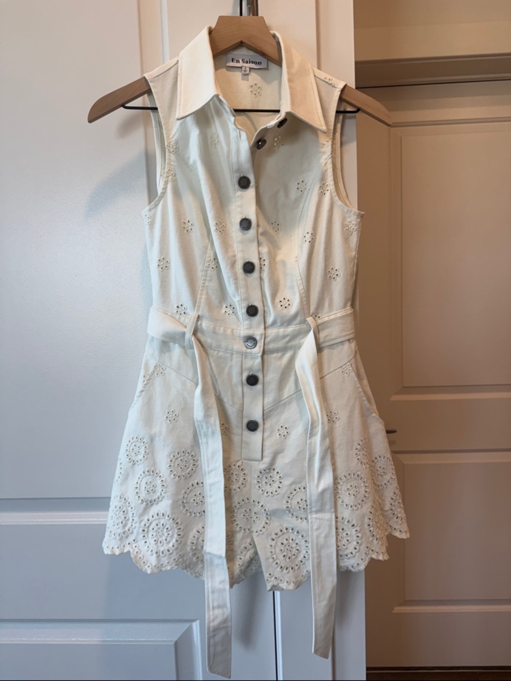 En Saison White/Cream Eyelet Button-Front Mini Jumpsuit with Tie Waist